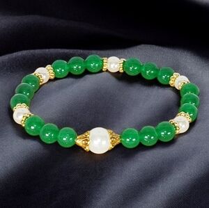 Green Jade & Pearl Bracelet Y2K New Preppy Coqeutte Girl Lolita Grandpa Chic